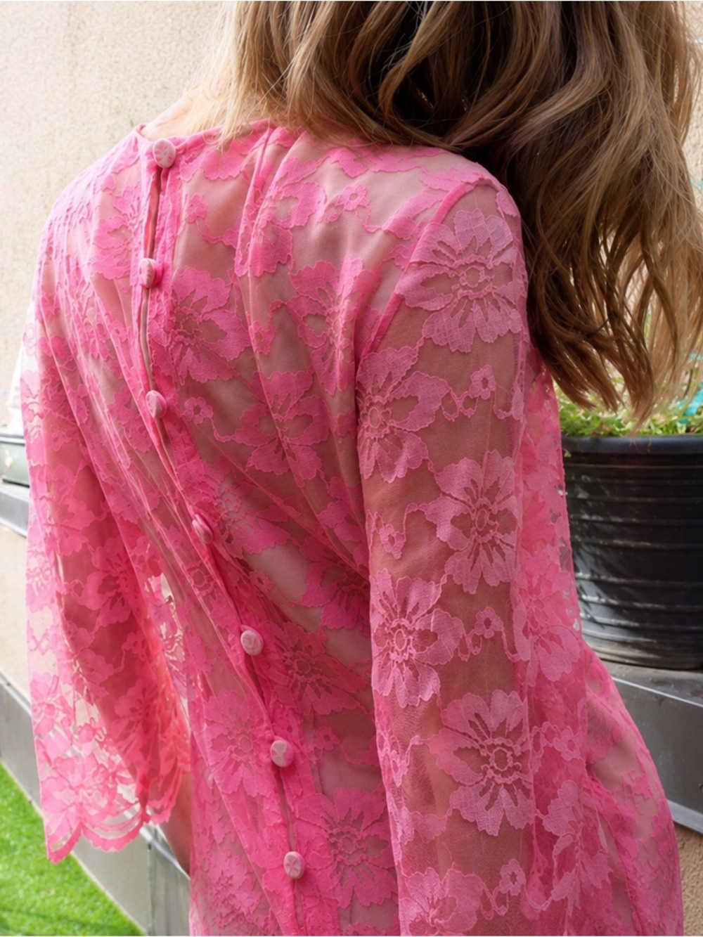 VTG 60s Neon Hot Pink Floral Lace Shift Mini Dress • Nude Slip • 3/4 Sleeve • S - Picture 9 of 16